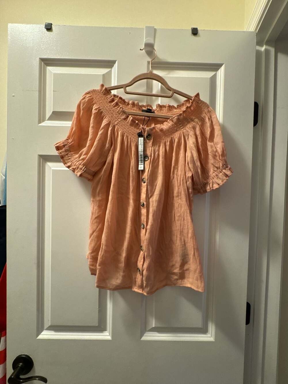 Harvé Benard Coral Off-the-Shoulder Button-Down Short-Sleeve Top